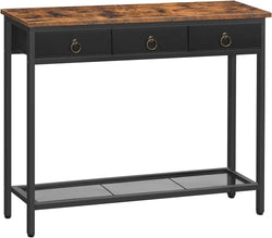 Console Table, Hallway Table, Slim Sofa Table with 3 Non-Woven Drawers, Metal Mesh Frame, Sturdy, Narrow Side Table for Small Spaces, Entrance, Living Room, Industrial, Rustic Brown EBF23XG01