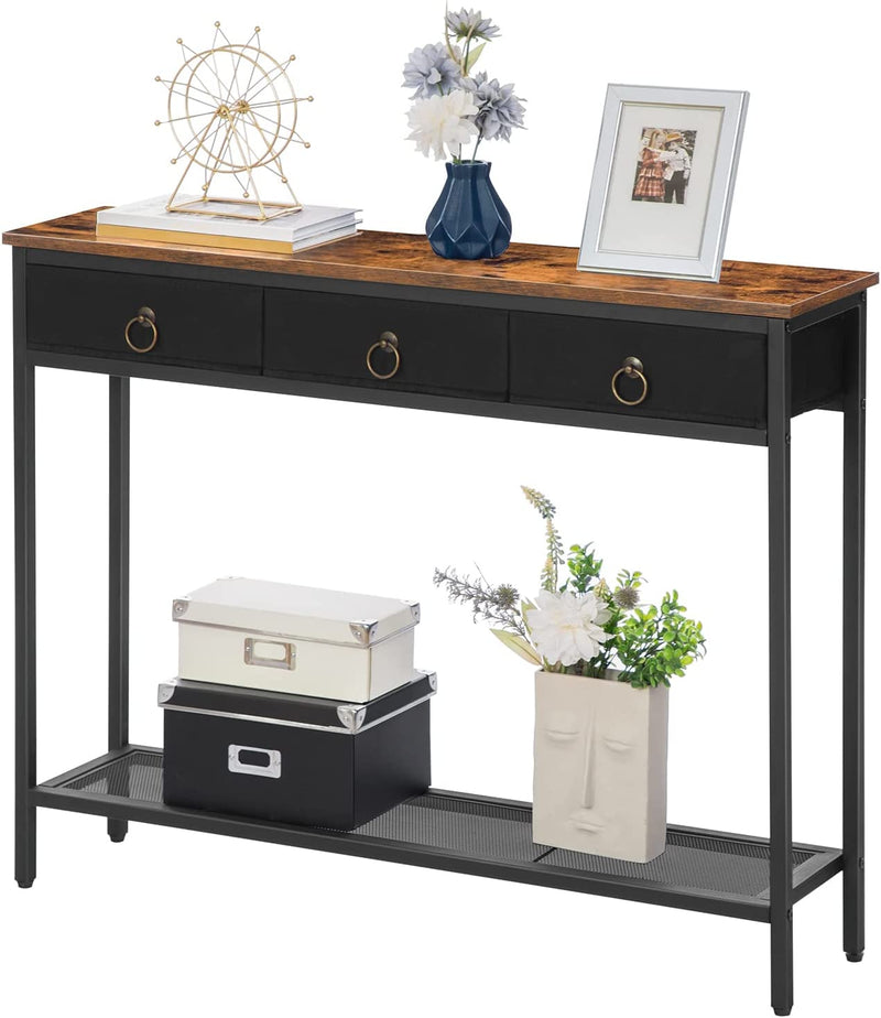 Console Table, Hallway Table, Slim Sofa Table with 3 Non-Woven Drawers, Metal Mesh Frame, Sturdy, Narrow Side Table for Small Spaces, Entrance, Living Room, Industrial, Rustic Brown EBF23XG01