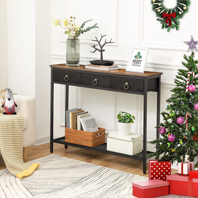 Console Table, Hallway Table, Slim Sofa Table with 3 Non-Woven Drawers, Metal Mesh Frame, Sturdy, Narrow Side Table for Small Spaces, Entrance, Living Room, Industrial, Rustic Brown EBF23XG01